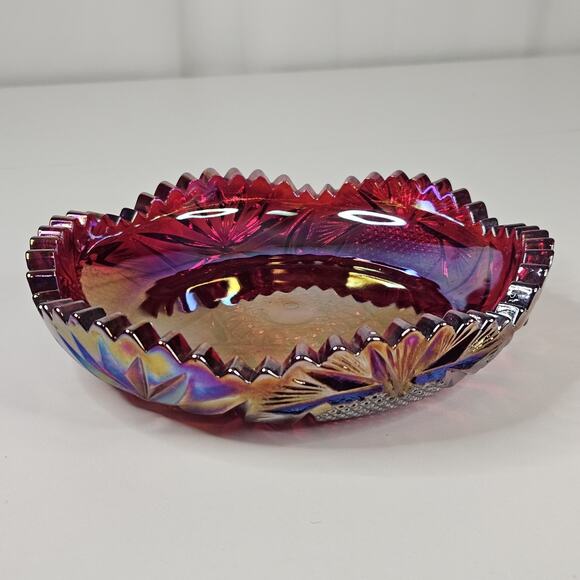 Red Iridescent Shallow Dish, Vintage Sawtooth Edge Glass, Carnival Candy Dish - Picture 3 of 8